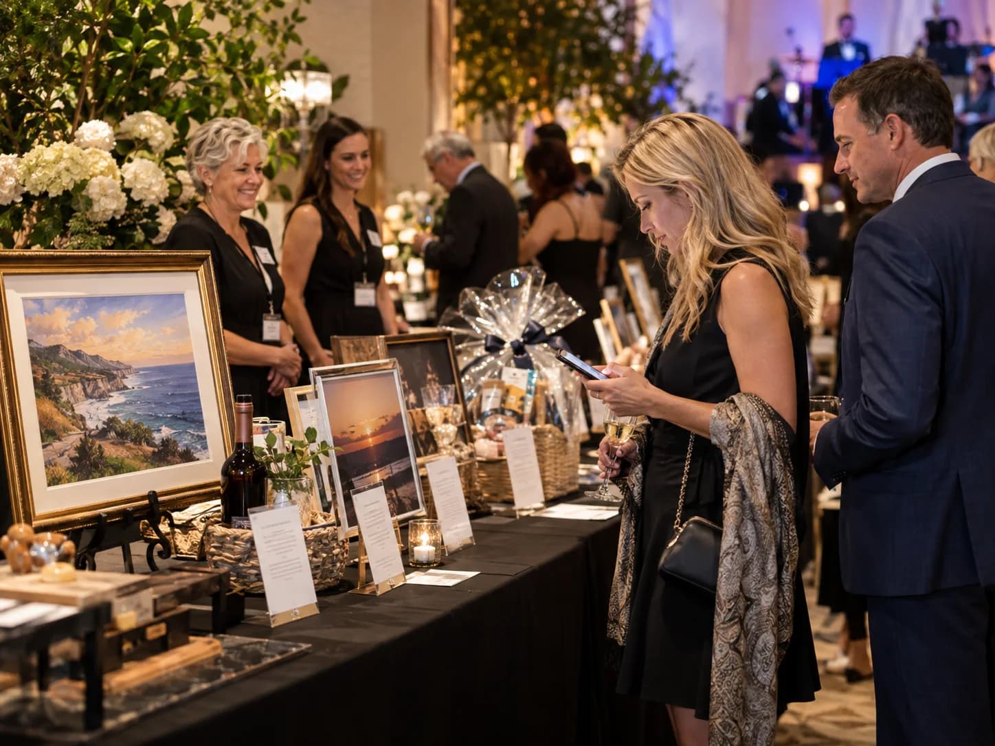 Guests viewing auction items at an elegant charity gala