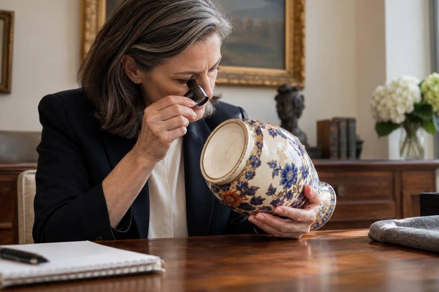 Appraiser examining a porcelain vase with a magnifier