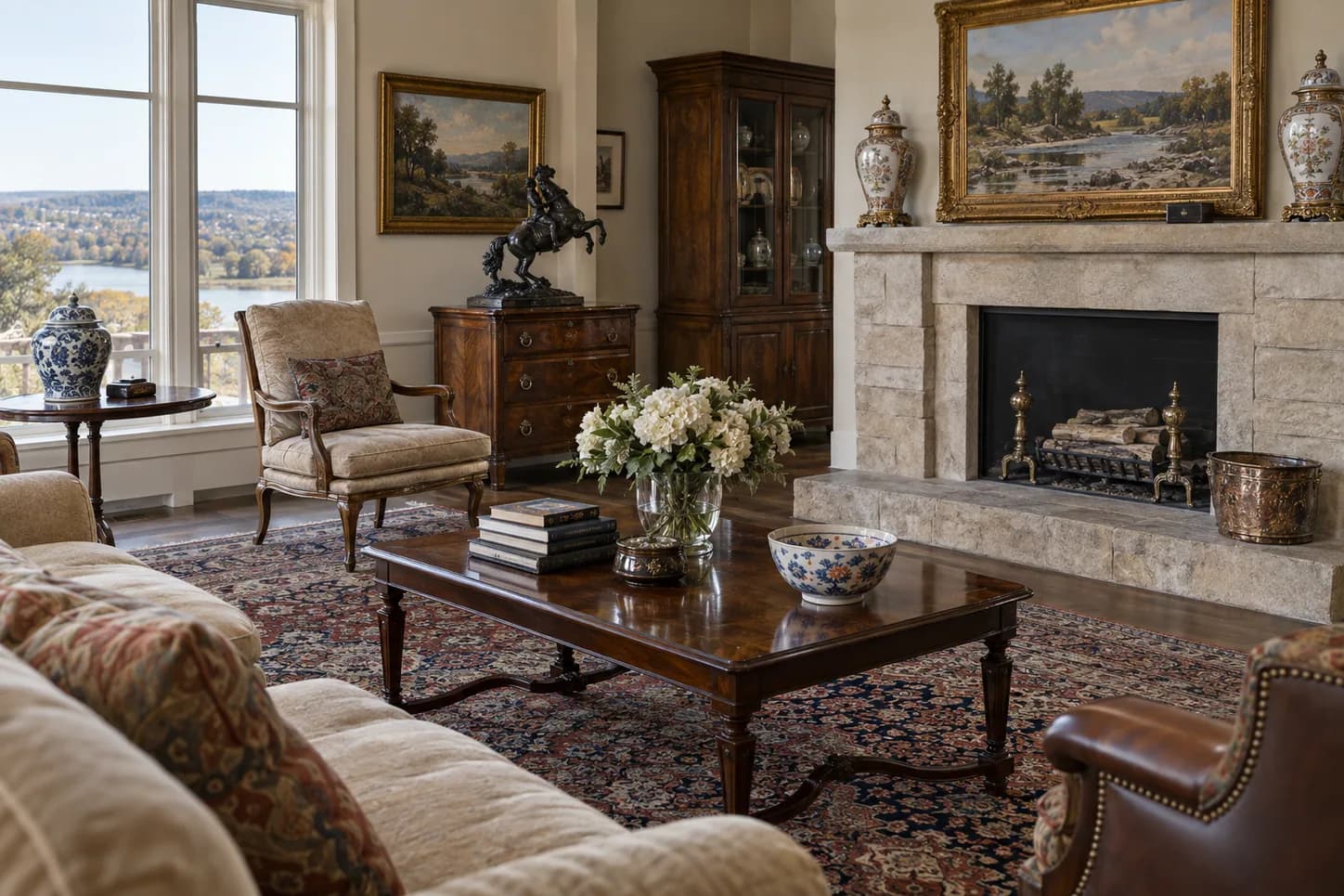 Fine furnishings, porcelain, art and a rug in an estate setting