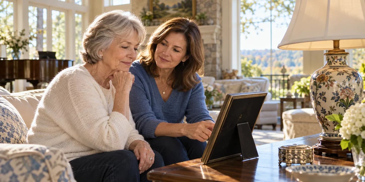Homeowner and family member considering a framed photograph and heirloom lamp