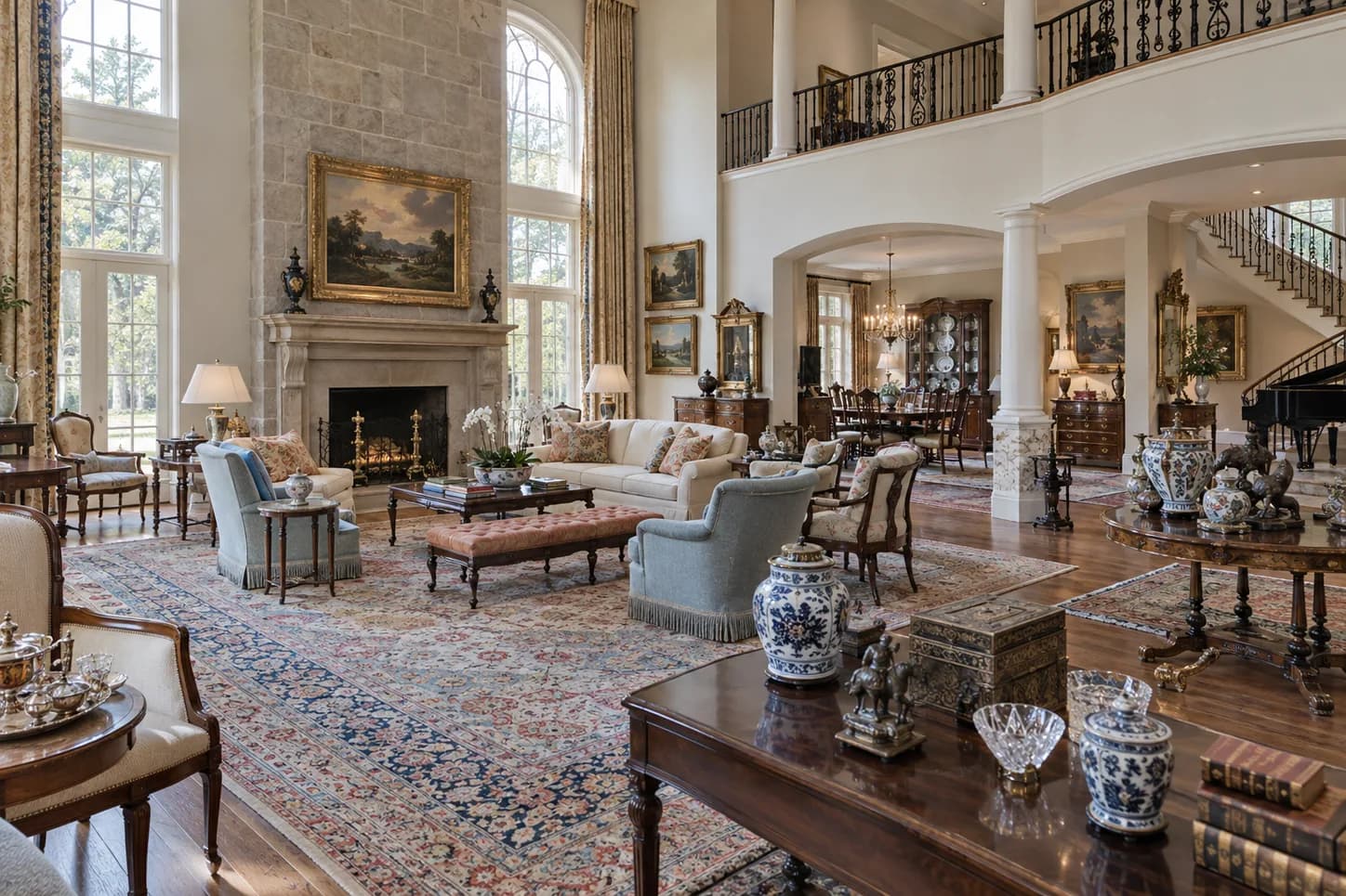 Formal living room with fine furnishings, art and rugs
