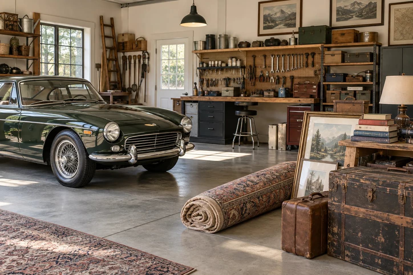 Organized estate garage with a classic car, rug, books, luggage and tools