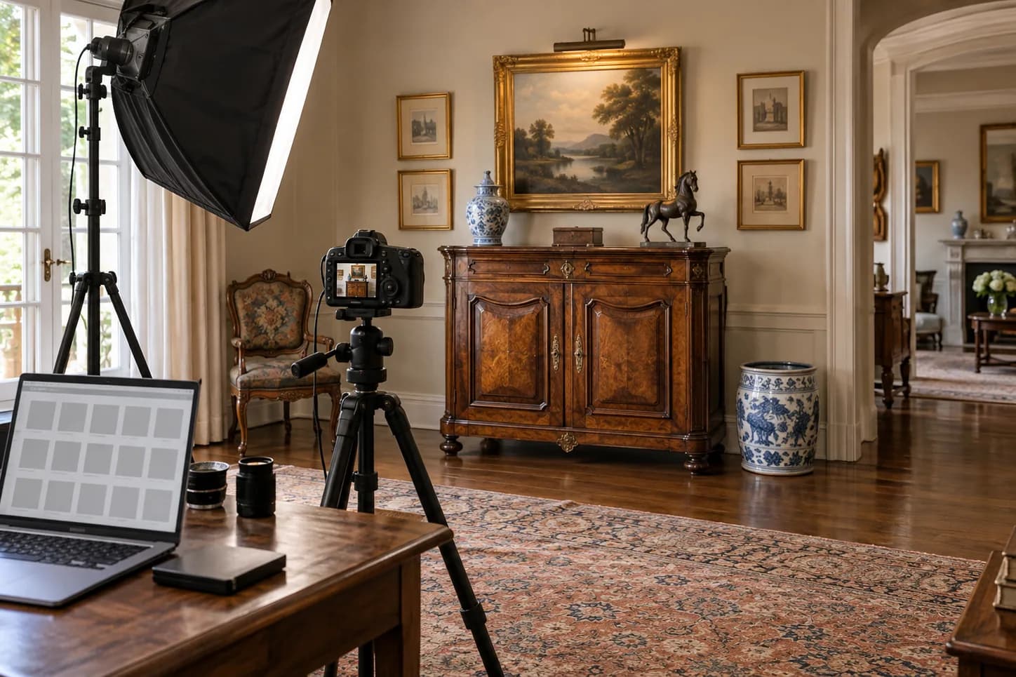 Camera and catalog setup documenting estate furnishings and artwork