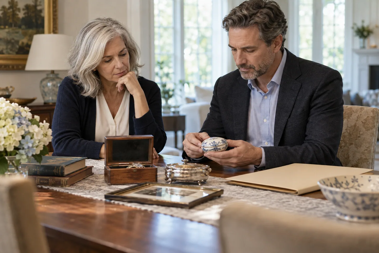 Executor and estate adviser reviewing household property at a dining table