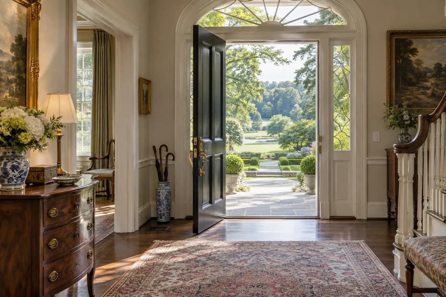 Estate entryway opening toward a landscaped garden