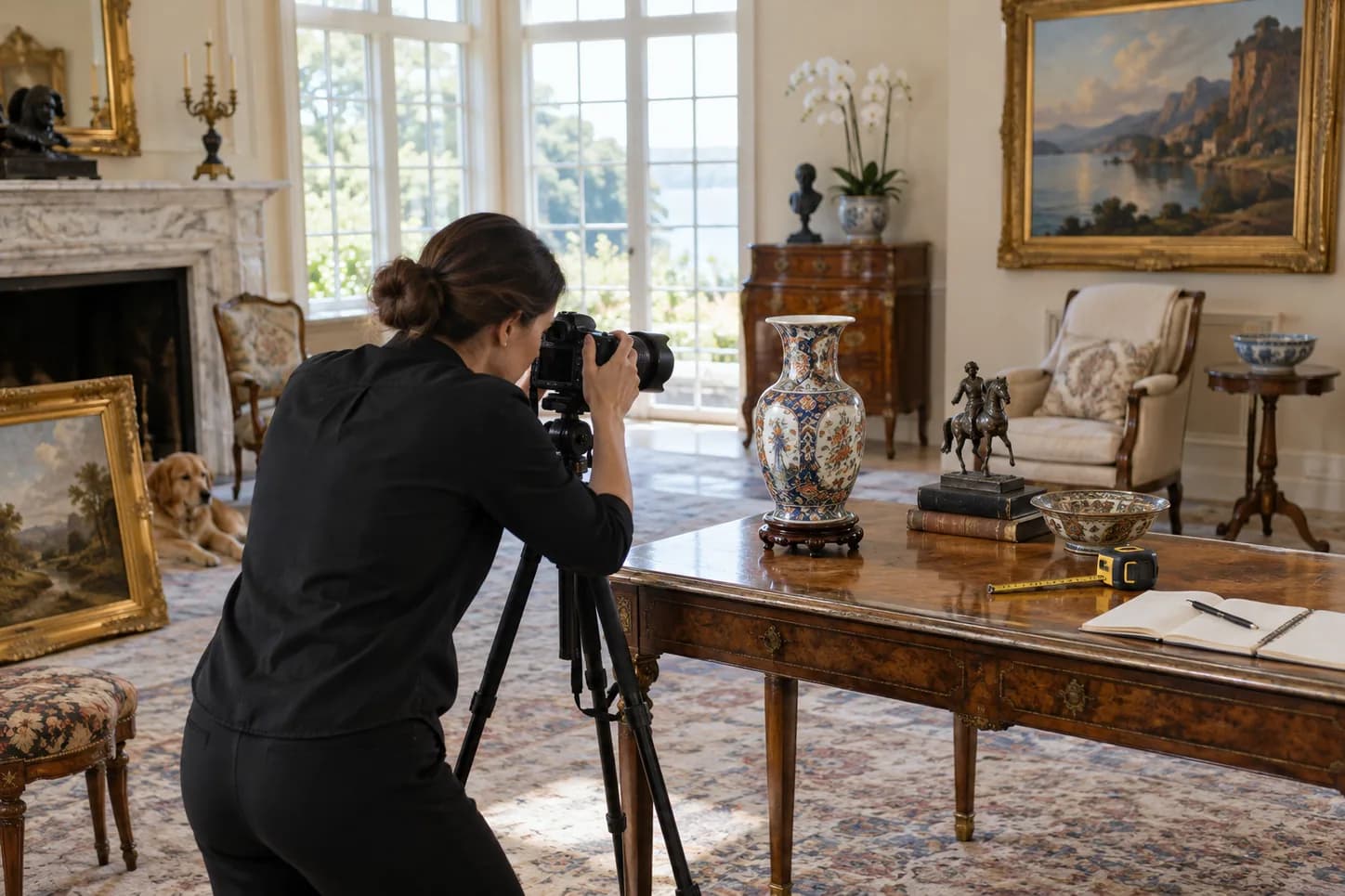 Catalog photographer documenting an antique vase in a large home