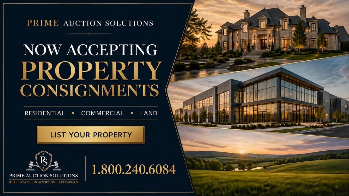 Prime Now Accepting Property Consignments graphic for residential, commercial, and land opportunities