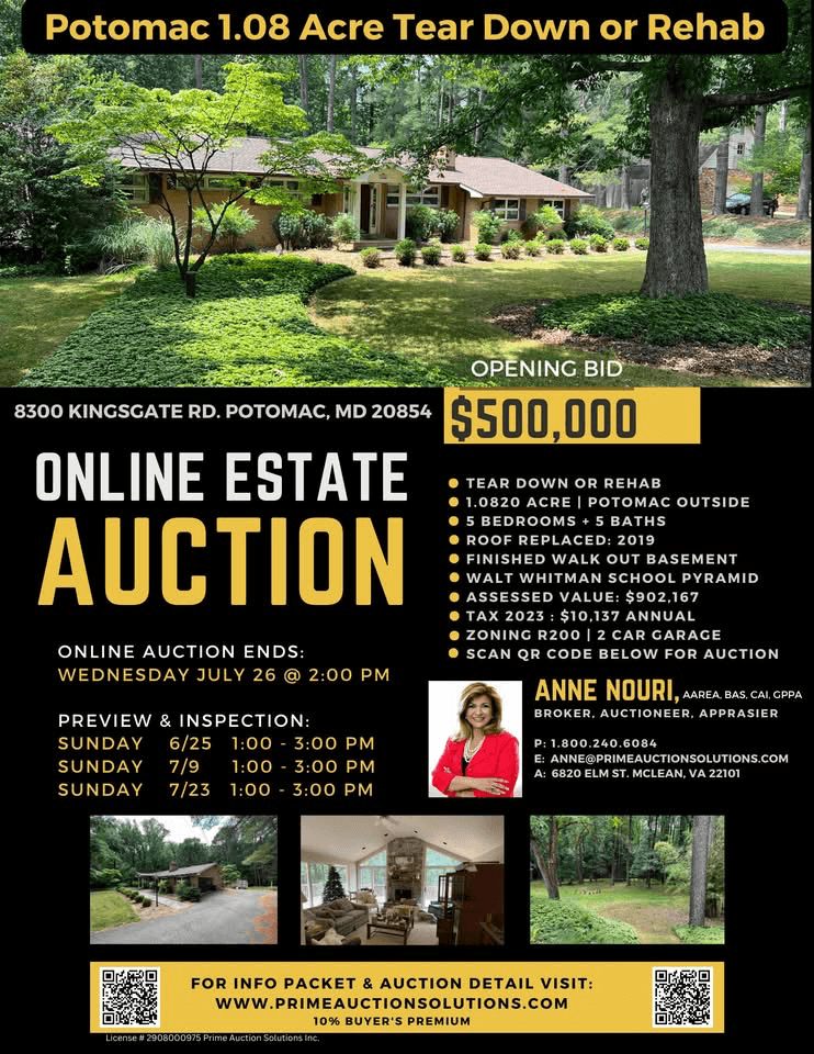 Prime's Potomac 1.08 Acre online estate auction flyer featuring the property and auction details