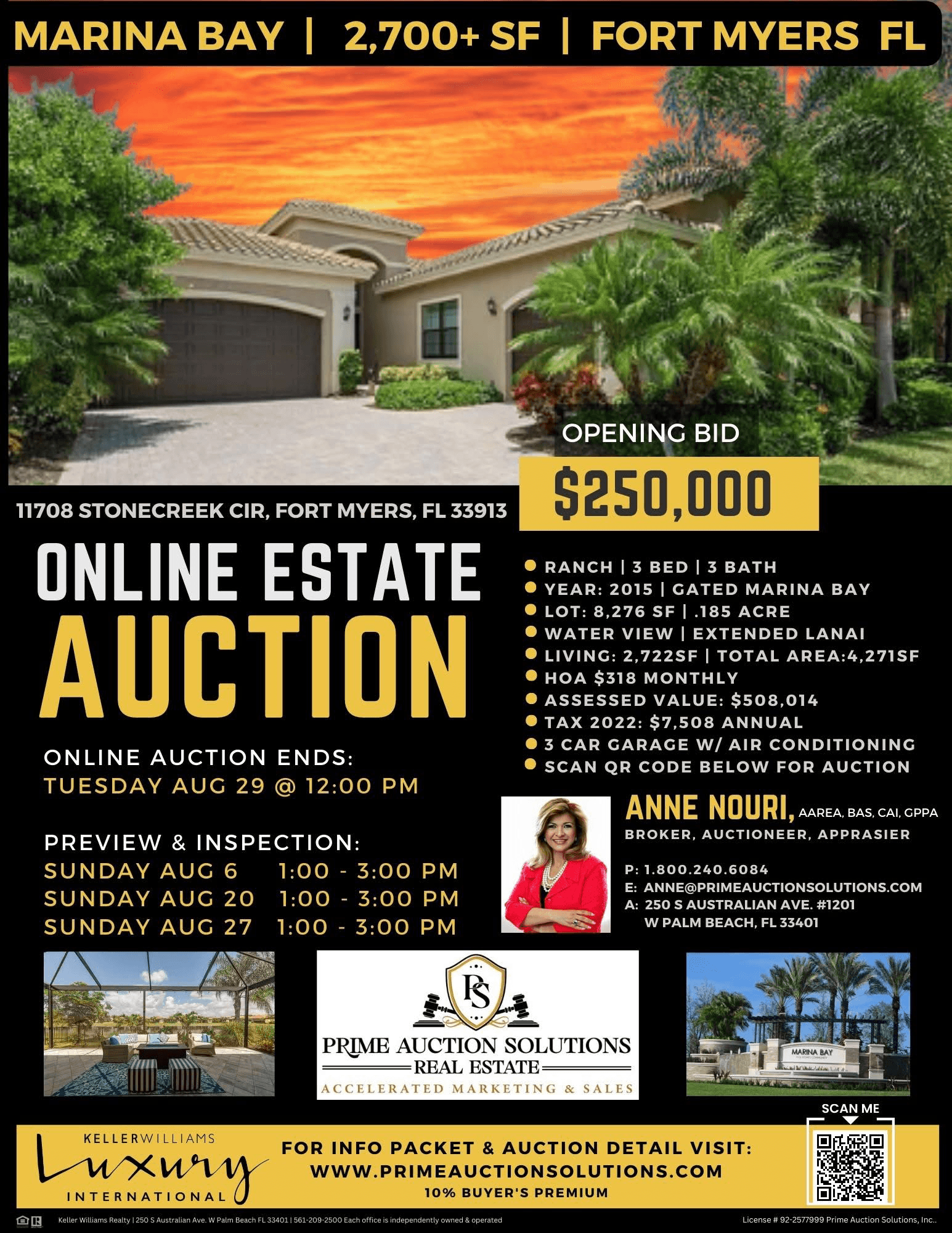 Prime's Marina Bay Fort Myers online estate auction flyer featuring the property and auction details