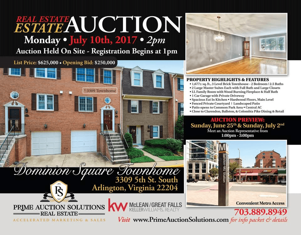 Dominion Square Townhouse auction flyer for 3309 5th Street South, Arlington