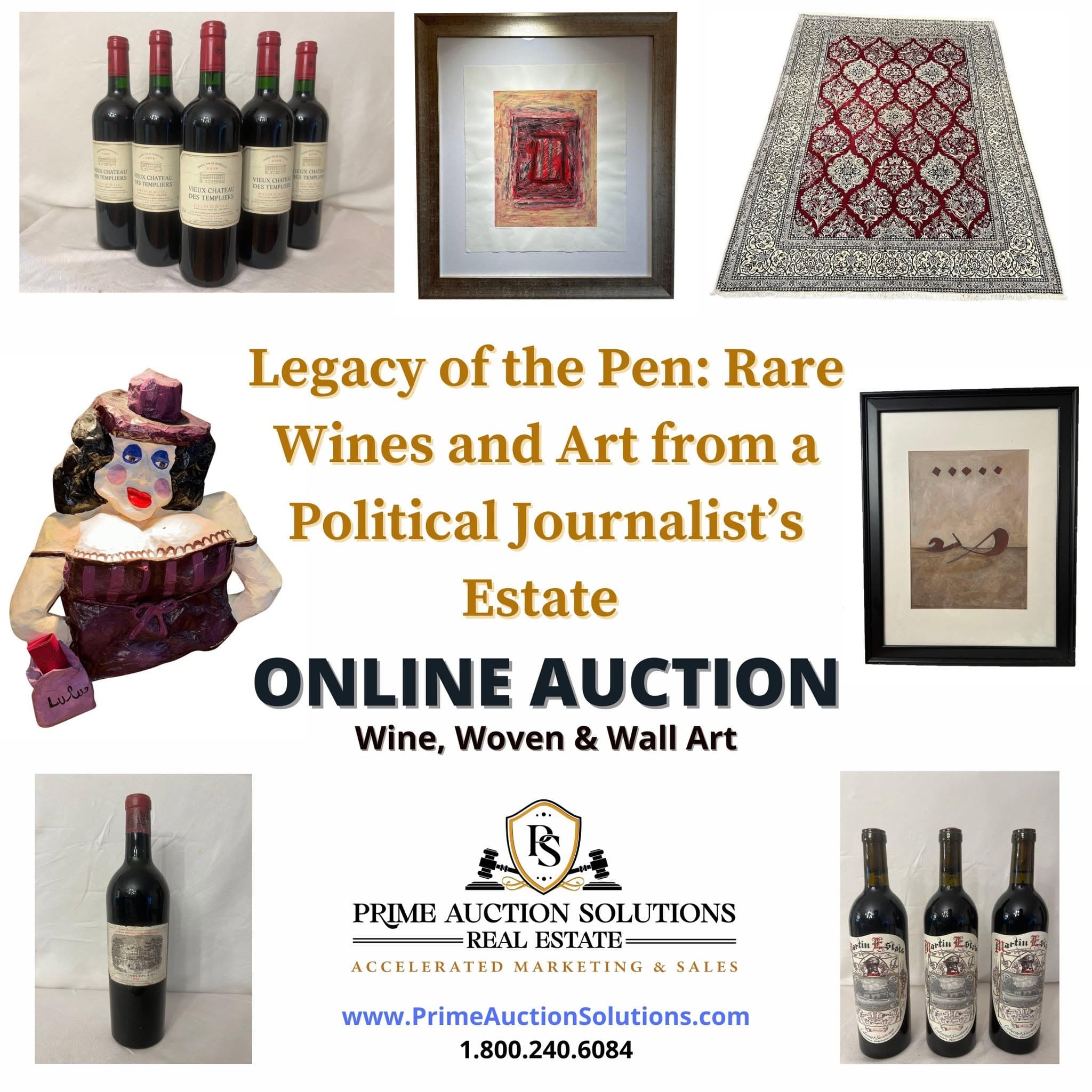 Prime Legacy of the Pen auction campaign artwork featuring wine and art