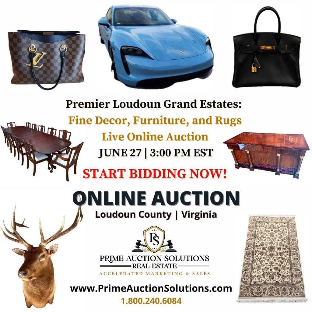 Prime Loudoun Grand Estates auction campaign artwork showing furniture, a car, handbags, and decor