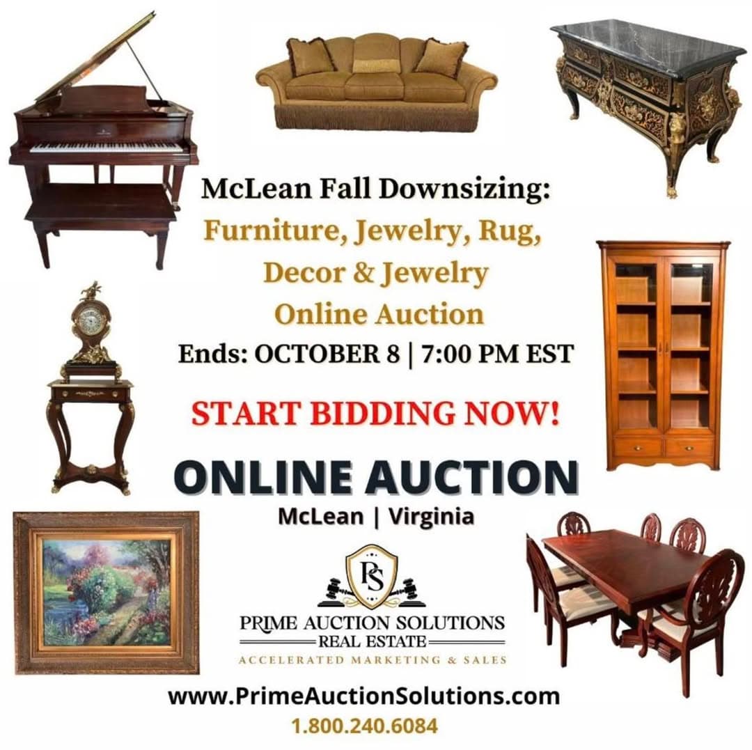 Prime's McLean Fall Downsizing auction campaign artwork featuring a piano, furniture, and fine art