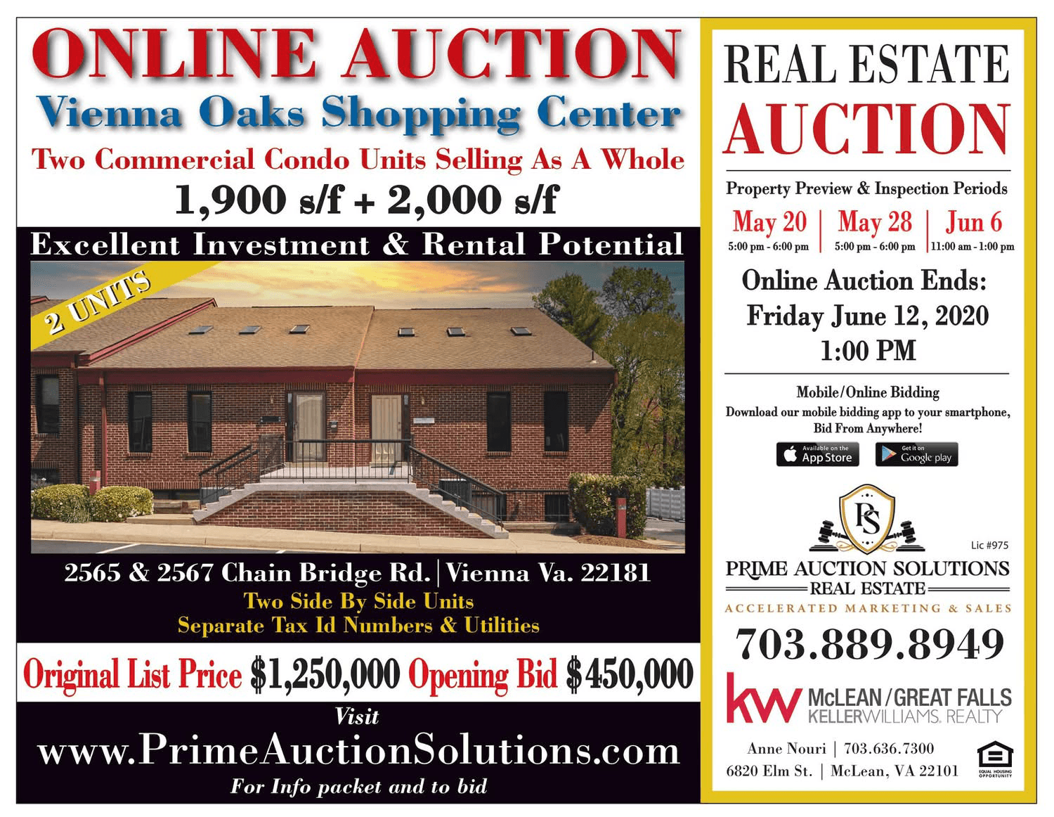 Vienna Oaks Shopping Center commercial condo auction flyer for 2565 and 2567 Chain Bridge Road