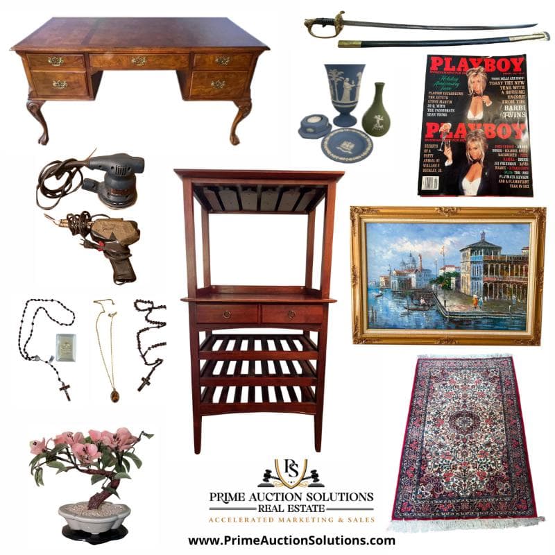 Playboys, Books, and Prayers auction collage showing furniture, art, rug, jewelry, and a magazine