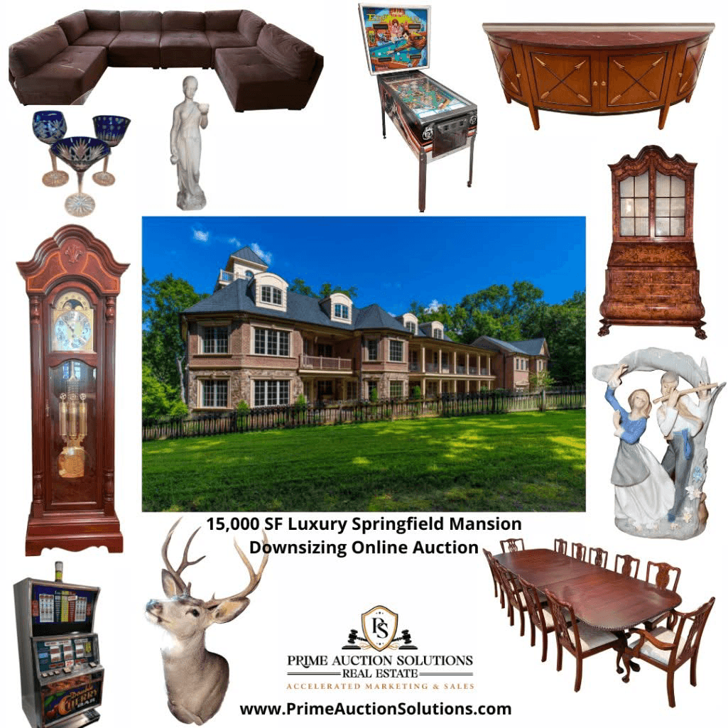 Prime's 15,000 SF Luxury Springfield Mansion downsizing auction flyer showing the mansion and featured items