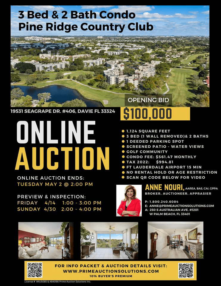 Prime's Pine Ridge Country Club Davie condo auction flyer showing the golf community and auction details