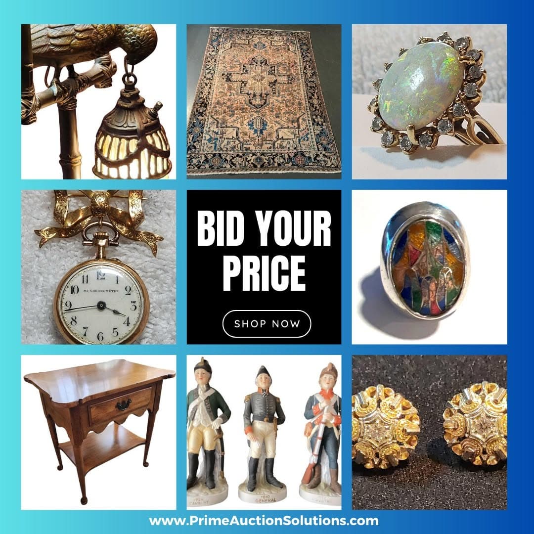 Prime Davie Florida estate auction campaign montage of jewelry, rugs, furniture, and decor