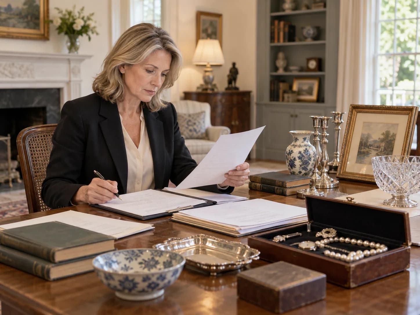 A fiduciary reviews estate records beside the personal property being managed