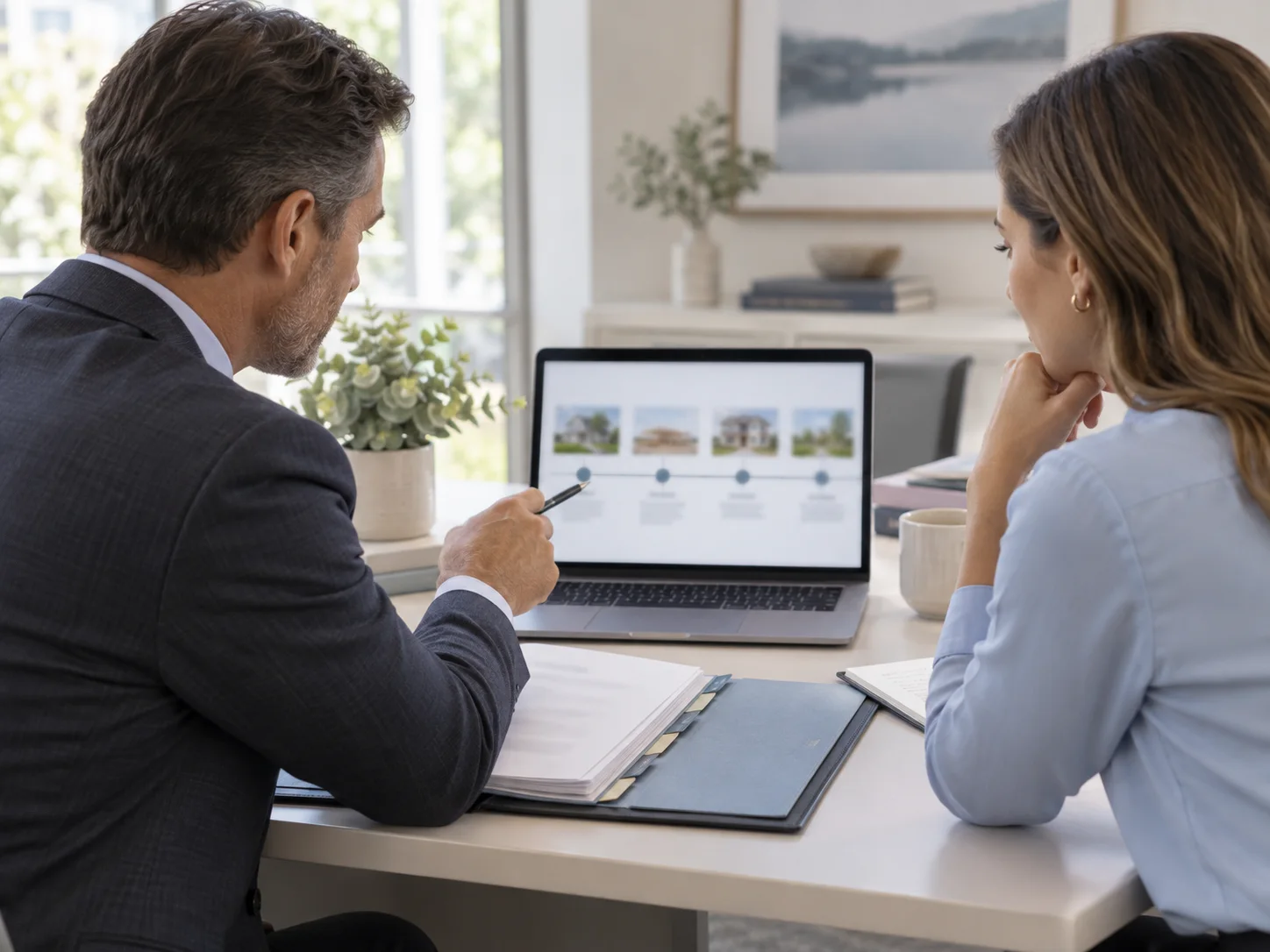 Two professionals reviewing an asset timeline and reporting plan